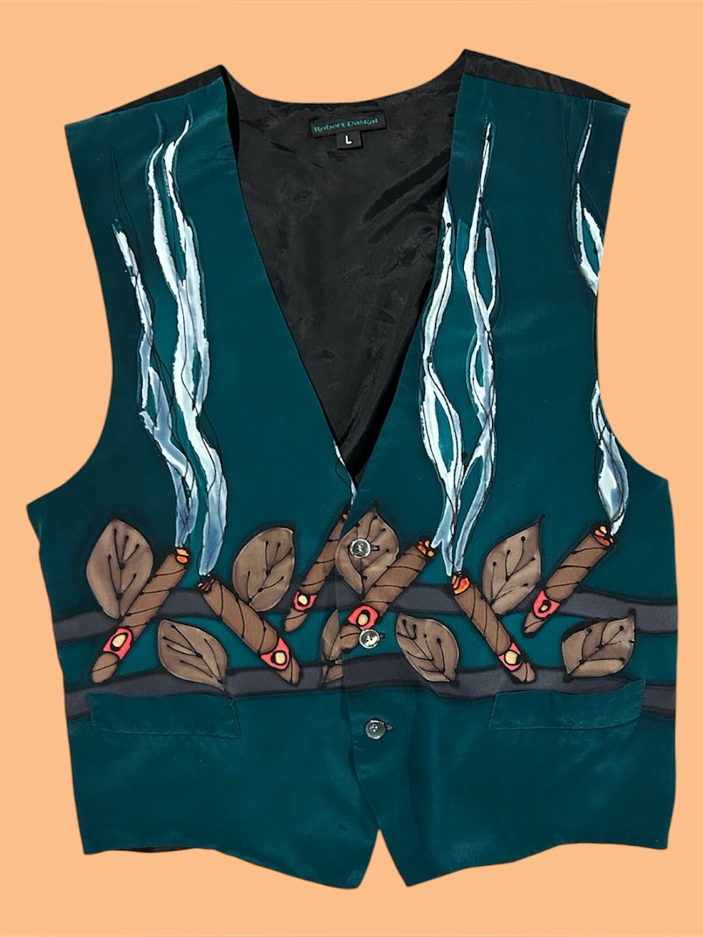 Unisex 80s Style Hand-Painted Silk Waistcoat/Vest Funny Cigar Themed.